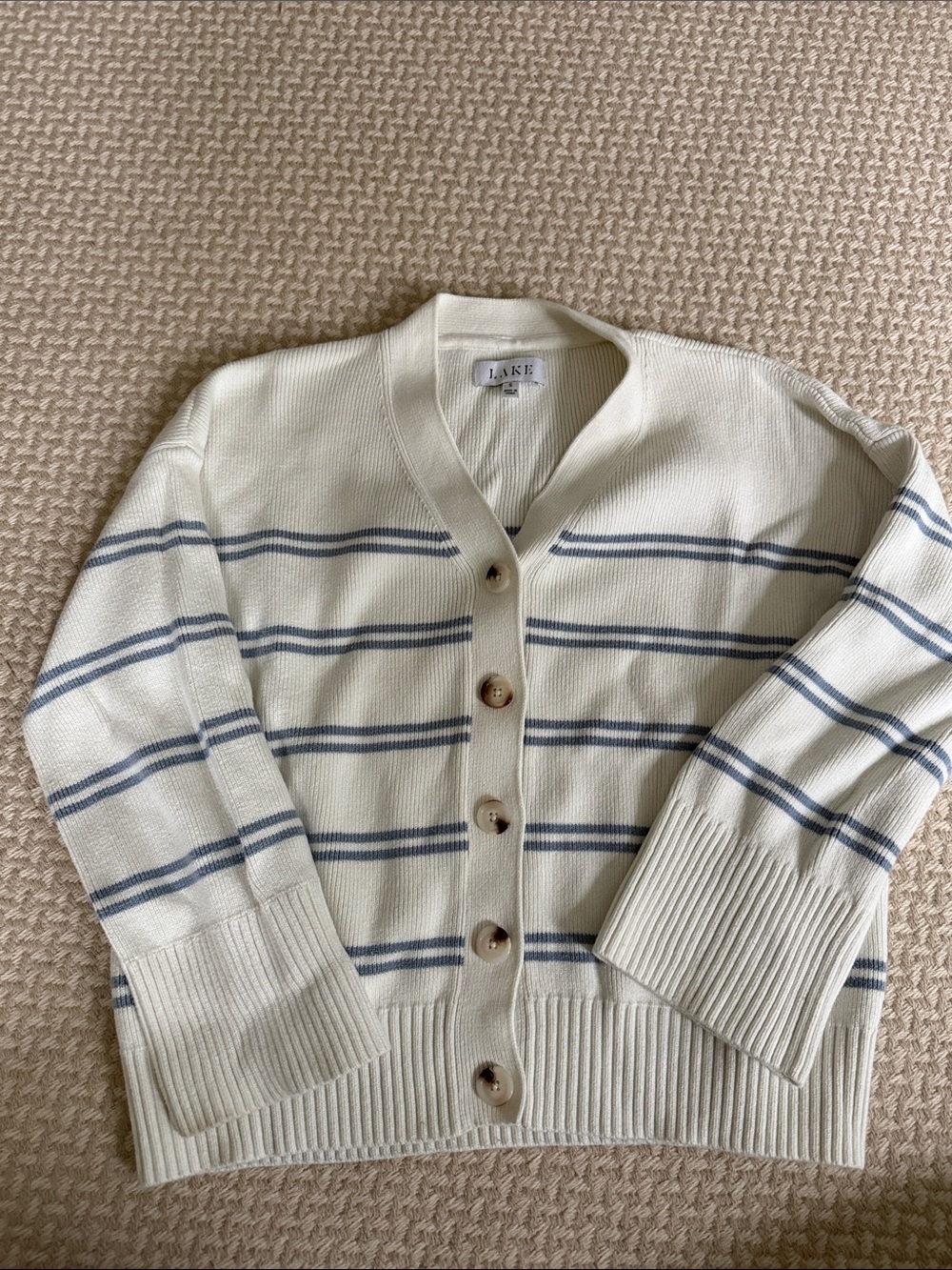 LAKE Cream Cardigan with Blue Stripe Detail